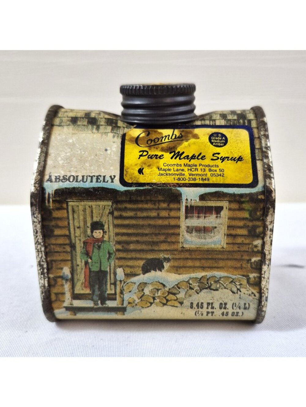 Vintage Coombs Pure Maple Syrup Tin 8.45 Oz Vermont Cabin Design